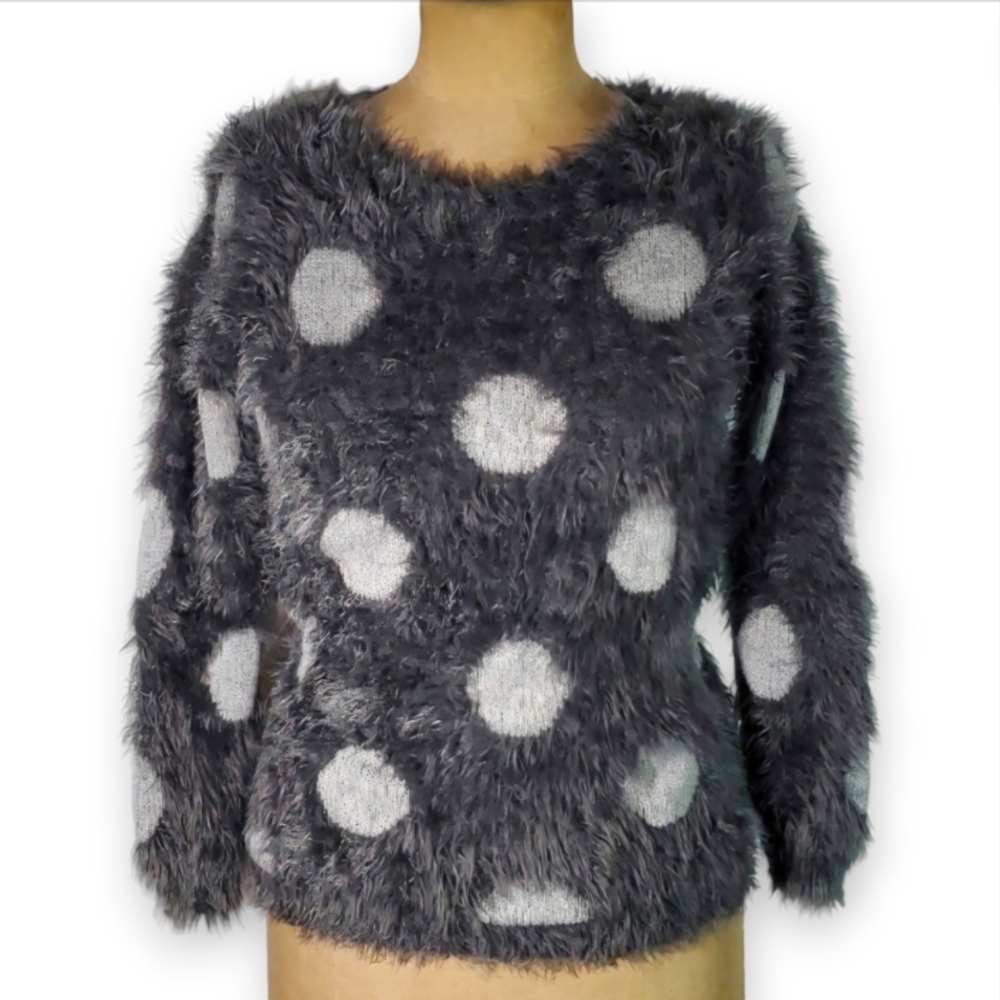 Joseph A. Size S/M NEW Sweater Grey Soft Fuzzy Polka Dots Long Sleeve Crew Neck